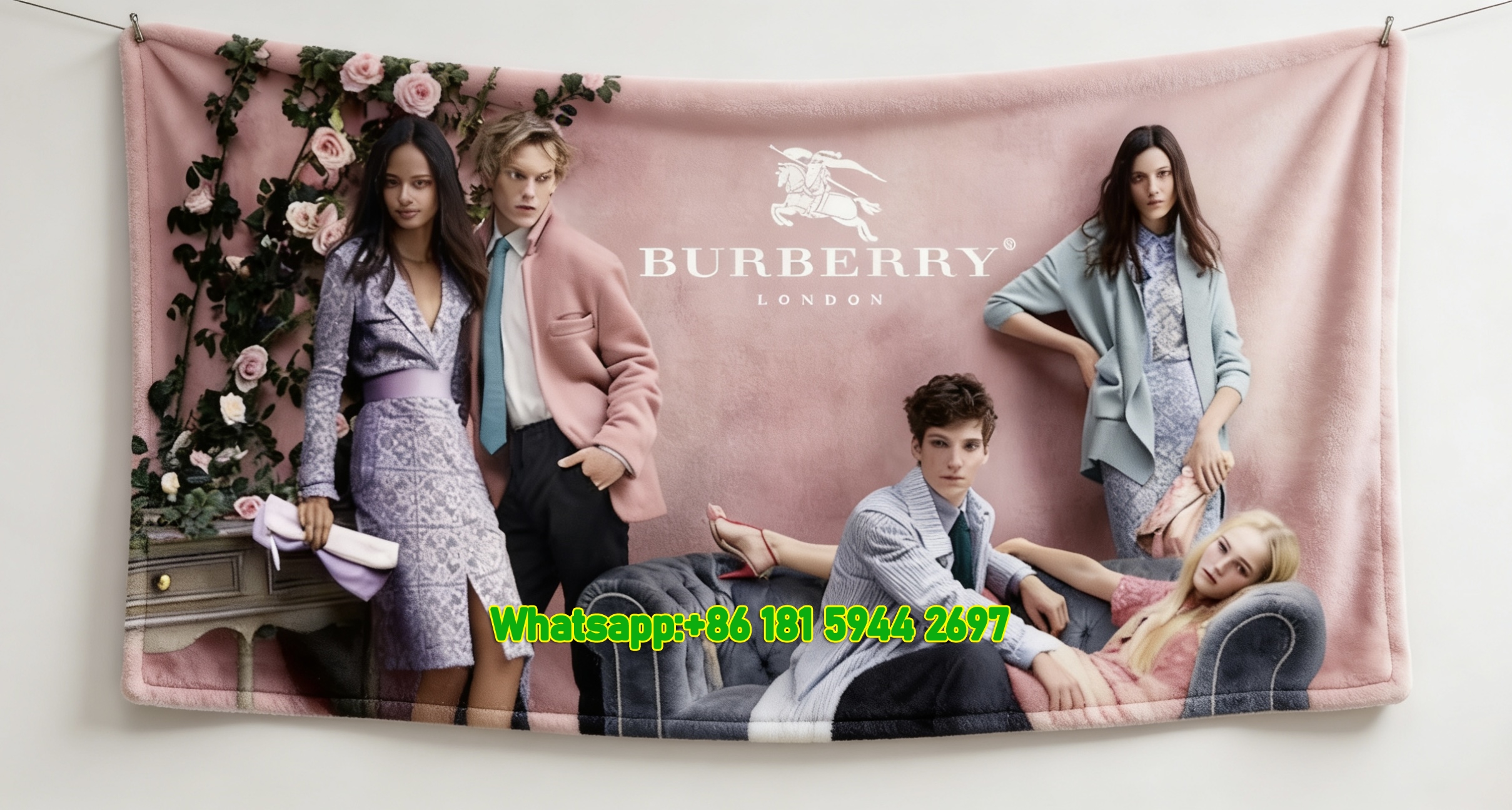 Burberry Pink Rose Equestrian Knight Flannel Sofa Throw Blanket B195